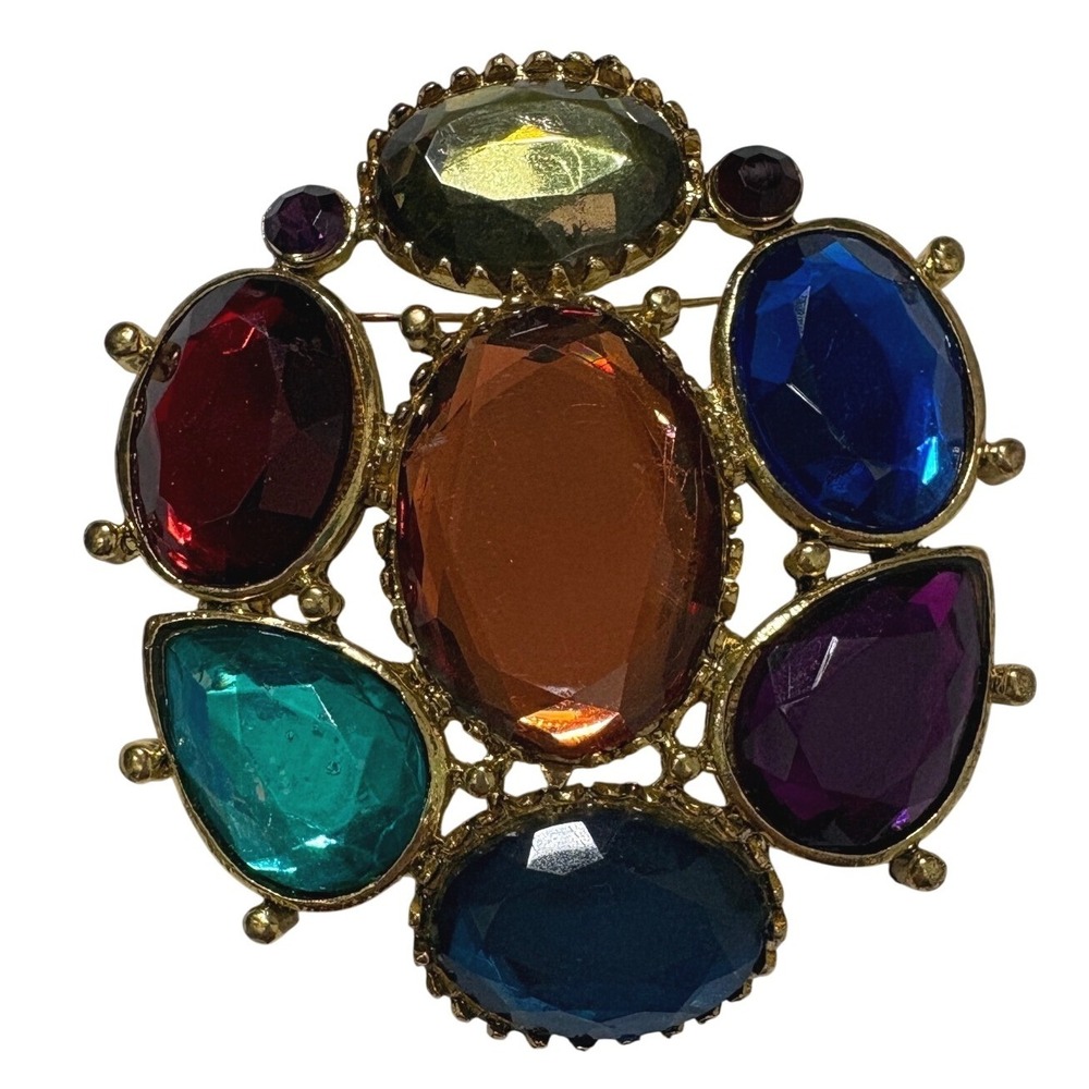 Vintage‎ Multicolor Gem Cluster Brooch Pin Gold Tone Statement Jewelry Women